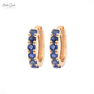 New Arrival 14k Yellow Gold Latch <b>Back</b> Huggie Hoops 2mm Round Cut Blue Sapphire Gemstone Wholesale <b>Earrings</b> at Discounted Price - Product Image 3