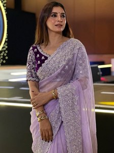 Sari en velours violet et organza avec broderie Zari argentée et bordure en dentelle, ensemble chemisier, pour mariage, fête et occasions festives - Product Image 2