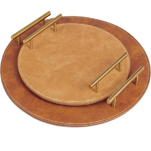 Luxury Round Serving Tray with Gold Handles Leather <b>Coffee</b> <b>Table</b> Organizer Tray Home Decor <b>Coffee</b> Tray - Product Image 1