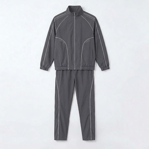 Custom Logo Unisex Dark Grey Tracksuit with White Piping Vintage Style <b>Zip</b>-<b>Up</b> <b>Jacket</b> & Pants Set 100% Polyester Elastic Waist - Product Image 3