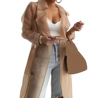 Chemises élégantes Trench Coat transparent à lacets Printemps solide Sheer Mesh Manteau boutonné à manches longues avec ceinture Disponible en cuir