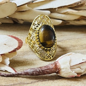 Latest Design Tiger Eye Cabochon <b>Ring</b> 18k Gold Plated Flower Filigree Setting Boho <b>Statement</b> Vintage Wholesale <b>Ring</b> For Women - Product Image 5