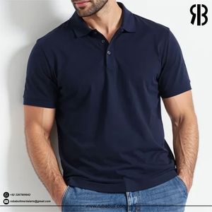 Polo de manga corta azul marino para hombre, de algodón piqué, color sólido, transpirable, estilo casual. - Product Image 3