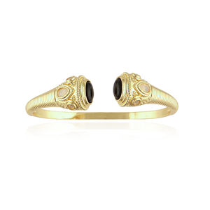 Pulsera de ónix negro chapada en oro con detalles de ópalo y circonita, ajustable, de latón macizo, estilo brazalete, para damas, a precio de fábrica. - Product Image 1