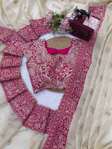 ชุดส่าหรีอินเดียแบบดั้งเดิมปักลายสีชมพูงาช้างสำหรับผู้หญิง พร้อมเสื้อคลุม สำหรับงานแต่งงาน งานเลี้ยง ฤดูหนาว ฤดูร้อน ไม่ยับง่าย - Product Image 5