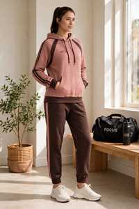 Ensemble de survêtement 2-en-1 pour femme, imprimé color block marron et blanc, en polyester/coton, à manches longues, col roulé zippé, coupe ample et sportive - Product Image 5