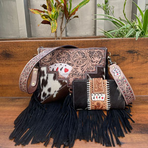 Sac en cuir de vachette repoussé fabriqué à la main sac à bandoulière à franges occidentales en cuir repoussé à la main portefeuille floral à deux volets coffret cadeau pour elle - Product Image 2