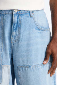 Pantalones Cargo de Mezclilla Lavada a la Piedra Azul Claro para Hombre, Corte Holgado, Cintura Media, Estilo Casual de Verano con Bolsillos, Tela de Algodón - Product Image 3