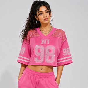 Luxury Women Cropped Football Jersey With <b>Rhinestone</b> Letters <b>Mesh</b> Varsity Streetwear Drop Shoulder Shirt - Product Image 2