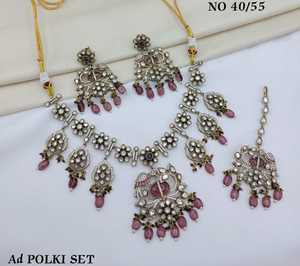 AD Polki Necklace Set With Dangle Earrings And Mangtika <b>Floral</b> AD Necklace Set For Wedding Festive Wear <b>Jewellery</b> Set Wholesaler - Product Image 2