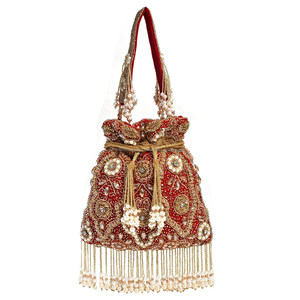 Elegant <b>Beaded</b> Red Soft Light Weight Bucket Evening Bag with Pearl Fringe <b>Magnetic</b> Closure Shoulder Strap for Party Wedding - Product Image 1
