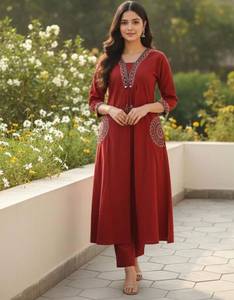 Ensemble de vêtements pour femmes en coton brodé, kurta, manches 3/4, longueur mi-mollet, tenue ethnique d'été - Product Image 1