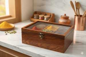 Wooden Spice <b>Box</b> With Glass Lid 6 Compartments Durable <b>Herb</b> Storage Container For Kitchen Use - Product Image 4