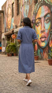 Robe chemise en lin et coton bleu, manches bouffantes, longueur midi, col rabattu, ourlet plissé, tenue décontractée d'été - Product Image 3