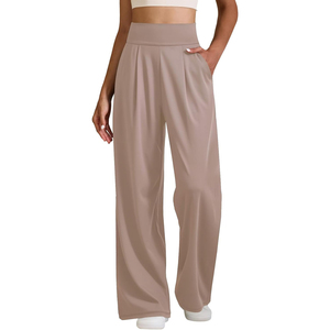 Pantalon plissé décontracté pour femme, taille haute, coupe large, couleur unie, taille élastique, ample, longueur complète, avec poches - Product Image 1