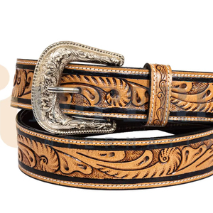 Cinturón de Cuero de Grano Completo Estilo Western con Hebilla Plateada, Patrón Bordado Paisley, Diseño Casual Vintage, Duradero, Hecho a Mano, Elegante - Product Image 3