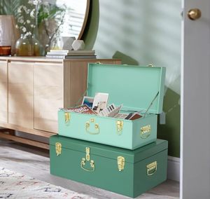 Vintage Style Decorative Trunk Set Emerald and Mint Green Metal <b>Keepsake</b> <b>Boxes</b> with Polished Gold Latches for Bedroom Storage - Product Image 1