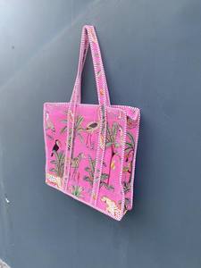 Bolsa de Compras de Verano Ligera de Algodón Ecológico de Color Sólido, Bolsa de Mano Acolchada con Estampado Artesanal, Bolsillo Práctico con Cremallera - Product Image 4