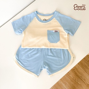 Conjunto de Ropa de Manga Corta con Bolsillo Raglán para Niños al por Mayor, Transpirable, Estilo Coreano, Traje de Verano, Fabricante y Proveedor OEM de Vietnam - Product Image 2