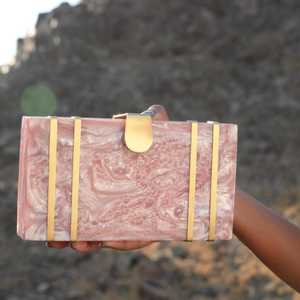 Handmade <b>Pink</b> Resin <b>Clutch</b> for Women Hard Shell Box Purse with Brass Metal Hardware & Chain Strap MODEL for Mother's Day - Product Image 1