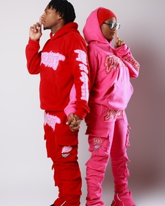 Ensemble survêtement streetwear homme lourd avec sweat à capuche zippé personnalisé et pantalon de jogging évasé empilé - Product Image 2