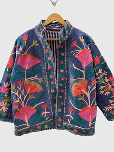 Hand Embroidered Floral Cotton Jacket Mandarin Collar Full Sleeve Plus Size Women'<b>s</b> Autumn Prairie Chic Style - Product Image 4