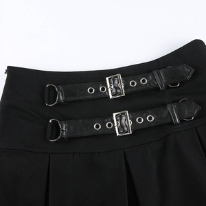 Minifalda plisada de cintura alta para mujer con doble hebilla de cinturón, estilo punk, color negro sólido, para todas las estaciones - Product Image 5
