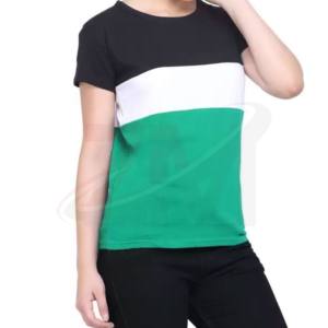T-shirt à manches courtes pour femme, col rond, color-block, coupe classique, en coton tricoté, style décontracté, à porter toute l'année - Product Image 1