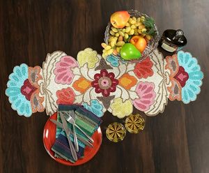 Embroidered Floral <b>Table</b> Runner Bohemian Home Decor Washable Yellow <b>Pink</b> <b>Cloth</b> Pattern - Product Image 2