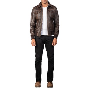 เสื้อแจ็คเก็ตหนังแกะสีน้ำตาลเข้ม หนังฟูลเกรน สไตล์บอมเบอร์ คอปกแบบคrew neck พร้อมปลายแขนถักแบบริบ ผ้าแคนวาส - Product Image 1