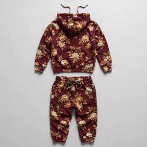 NEXTEX Unisex Chrysanthemum Floral Tracksuit <b>Burgundy</b> Gold Cream Soft Cotton Fleece <b>Hoodie</b> Set - Product Image 2