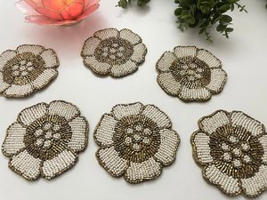 Handmade Beaded Flower Coasters Gold White Round Bar Mats Reusable <b>Drinkware</b> <b>Accessories</b> Classic Style - Product Image 4