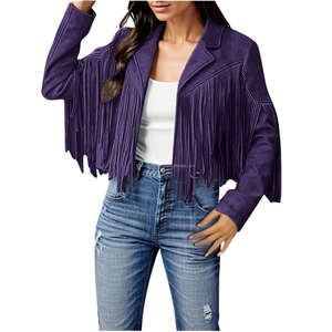 Purple Vintage Suede Fringe Tassel Crop Women's Breathable Autumn <b>Jackets</b> Boho <b>Western</b> Cowboy Style Long Sleeve Lapel Open Front - Product Image 2