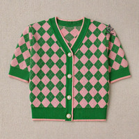 HMR Alpha Soror Cardigan en tricot pour femmes, brodé, en acrylique écologique, boutonné, rose et vert, pour l'hiver