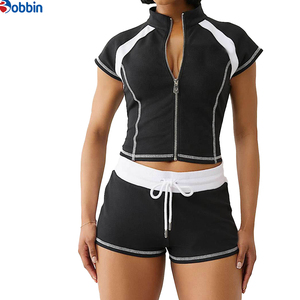 Conjuntos Deportivos Cortos de Verano Estilo Hip Hop, de Algodón Transpirable de Secado Rápido y Ecológicos, de Manga Corta para Mujer, 2 Piezas, Chaqueta con Cremallera y Pantalones Cortos - Product Image 1