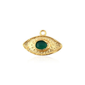 Componentes de joyería de latón macizo: Eslabones de pulsera con forma de ojo texturizados martillados en oro y ónix verde, y eslabones de pulsera con piedra ovalada. Ideales para regalos. - Product Image 1