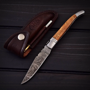 Couteau pliant à lame droite en acier Damas fait main, manche en bois, OEM, EDC, pour le camping, la survie, la chasse, vente en gros aux États-Unis et en Europe - Product Image 1