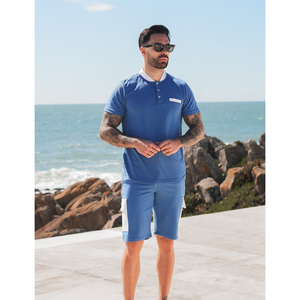 Blue Summer Casual Breathable Satin Men's Crew Neck <b>Knitted</b> Short <b>Set</b> Custom Brand - Product Image 1