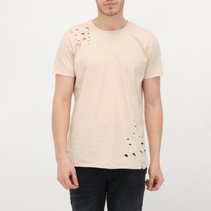 Camiseta de Manga Corta para Hombre, Cuello Redondo, Color Beige, Corte Regular, Algodón Jersey, Color Sólido con Detalles Recortados, Estilo Casual - Product Image 4