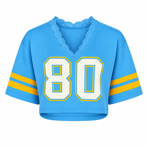Wholesale HBCU Southern University And A&M College <b>Women's</b> Crop <b>Mesh</b> Jersey <b>Top</b> with Lace V-Neck | Streetwear Collegiate Apparel - Product Image 5