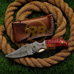 Cuchillo Plegable de Acero de Damasco Hecho a Mano con Mango de Madera, Cuchillo de Bolsillo para Camping al Aire Libre, Hoja OEM de Punta Caída de 7 Pulgadas de Largo Total - Product Image 4