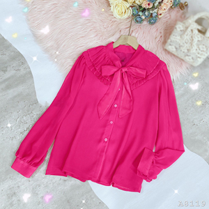 Wholesale <b>Women's</b> Modern Bow Tie <b>Blouse</b> Pleated Ruffle Yoke <b>Long</b> Sleeve Button Front Top <b>for</b> Everyday Office and Boutique Retail - Product Image 4