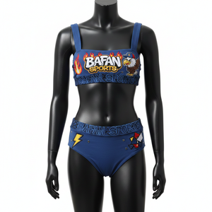 ชุดบิกินี่พรีเมียม 180 GSM ผ้าโพลีเอสเตอร์ผสมสแปนเด็กซ์ สีน้ำเงินกรมท่า ผ้าเนื้อยืด ปักโลโก้ ป้ายแบรนด์สั่งทำพิเศษ สำหรับผู้หญิง - Product Image 1