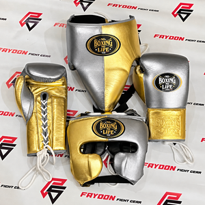 ชุดฝึกซ้อมคิกบ็อกซิ่ง No Boxing No Life สีเงินทอง หนังแท้ บุหนานุ่มสบาย พร้อมนวมชกมวย ที่ครอบศีรษะ และที่ป้องกันอวัยวะเพศ - Product Image 1