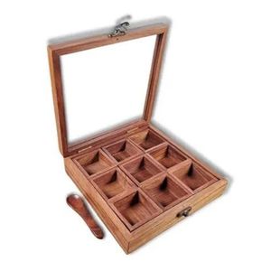 Natural Wooden Spice Box Handmade Masala Dabba Traditional Kitchen <b>Storage</b> Container with Compartments and Lid For Sale - Product Image 1