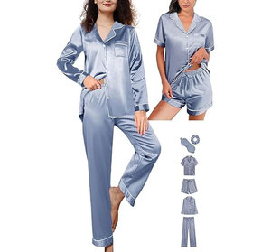 Conjunto de Pijama de Satén para Mujer, Manga Larga, Verde Sólido, Elegante, con Botones, Cuello Camisero, Cintura Media - Product Image 6