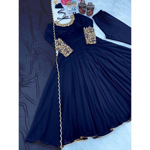 DISEÑADOR GEORGETTE BORDADO SECUENCIA TRABAJO ANARKALI VESTIDO INFERIOR con DUPATTA AZUL MARINO - Product Image 2