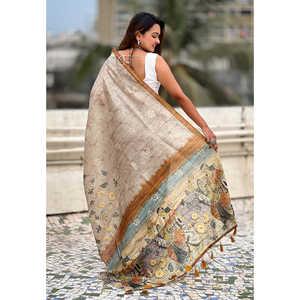 Sari Amarillo Elite Weaves de Seda Katki con Estampado Floral y Borde con Ribete, Vestidos Elegantes para la Noche - Product Image 3