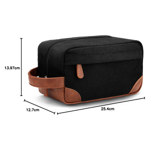 Vintage Black Canvas Toiletry <b>Bag</b> with Brown Leather Handle Zipper Cosmetic <b>Wash</b> Travel Pouch - Product Image 5