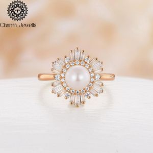 Bague de fiançailles pour femme Charm Jewells en argent plaqué or rose, perle de culture d'eau de mer, moissanite taille coussin, motif floral, sertissage classique à griffes - Product Image 4